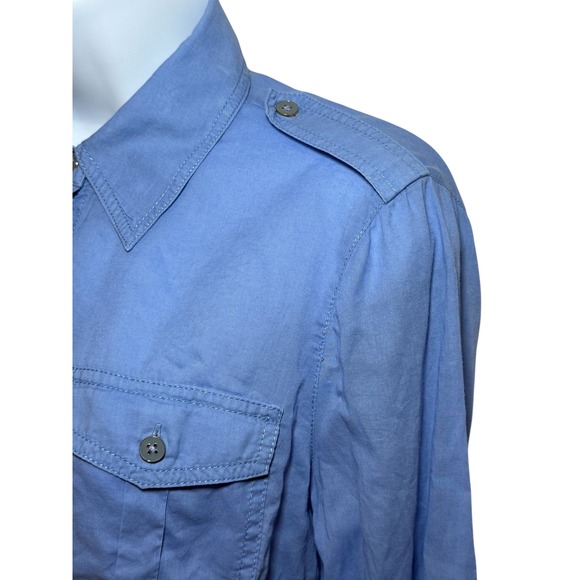 Tory Burch Button Up Women 4 Long Roll Sleeve Pocket Epaulets Sheer Shirt Blue - Picture 7 of 9